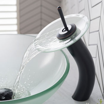 Kraus Single Lever Vessel Glass Waterfall Faucet, Oil Rubbed Bronze with Frosted Glass Disk and Matching Pop Up Drain, 13"H