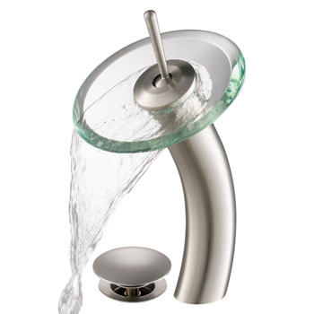 Kraus Single Lever Vessel Glass Waterfall Mixer with Matching Pop Up Drain, Satin Nickel