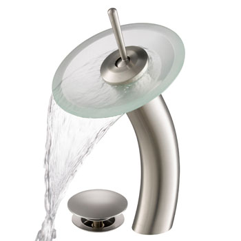 Kraus Single Lever Vessel Glass Waterfall Faucet, Satin Nickel with Frosted Glass Disk and Matching Pop Up Drain, 13"H