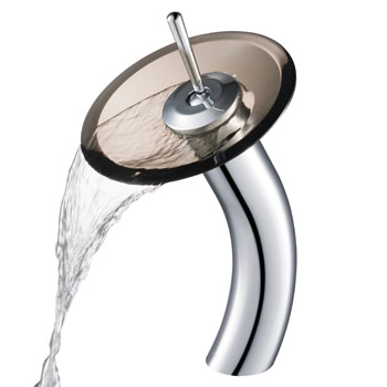 Kraus Single Lever Vessel Glass Waterfall Faucet, Chrome with Brown Clear Glass Disk, 13"H