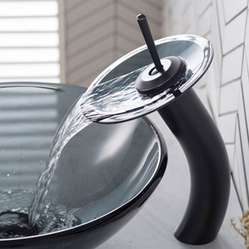Kraus Oil Rubbed Bronze Single Lever Vessel Glass Waterfall Faucet with Black Frosted Glass Disk, 13"H
