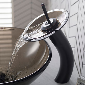 Kraus Single Lever Vessel Glass Waterfall Faucet, Oil Rubbed Bronze with Brown Clear Glass Disk, 13"H