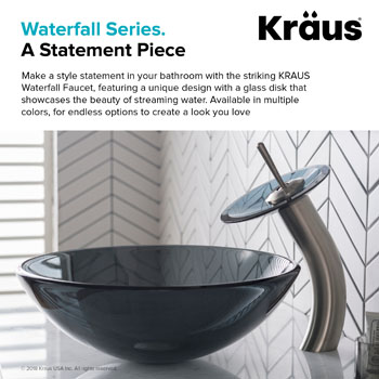 Kraus Single Lever Vessel Glass Waterfall Faucet, Satin Nickel with Black Clear Glass Disk, 13"H
