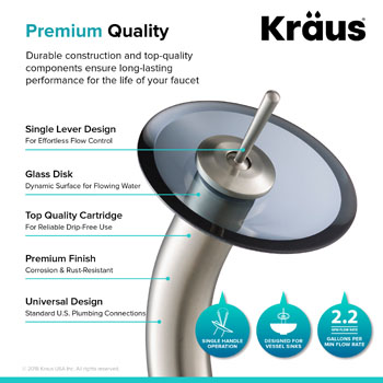 Kraus Single Lever Vessel Glass Waterfall Faucet, Satin Nickel with Black Clear Glass Disk, 13"H