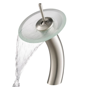 Kraus Single Lever Vessel Glass Waterfall Faucet, Satin Nickel with Frosted Glass Disk, 13"H