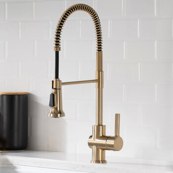 KRAUS Britt™ Single Handle Commercial Kitchen Faucet with Deck Plate and Soap Dispenser in Spot Free Antique Champagne Bronze Finish