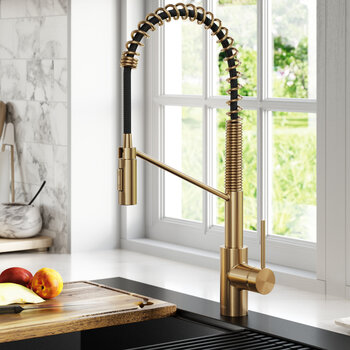 KRAUS Oletto™ Commercial Style Pull-Down Single Handle Kitchen Faucet with QuickDock Top Mount Installation Assembly in Brushed Brass