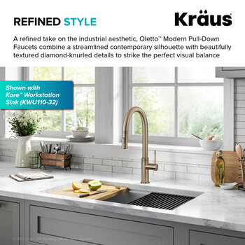 KRAUS Allyn™ Modern Industrial Pull-Down Single Handle Kitchen Faucet, Brushed Gold, Faucet Height: 17-3/8'' H, Spout Reach: 9-3/8'' D