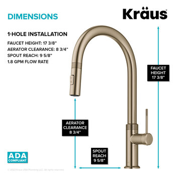 KRAUS Oletto™ Modern Industrial Pull-Down Single Handle Kitchen Faucet, Dimensions