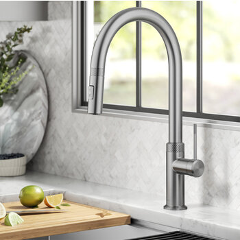 KRAUS Oletto™ Modern Industrial Pull-Down Single Handle Kitchen Faucet, Spot Free Stainless Steel, In Use Illustration