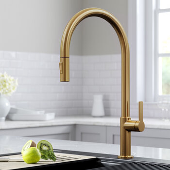 KRAUS Oletto™ High-Arc Single Handle Pull-Down Kitchen Faucet in Brushed Brass
