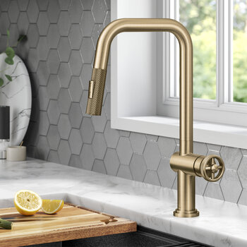Kraus KRAUS® Urbix™ Industrial Pull-Down Single Handle Kitchen Faucet In Brushed Gold, Spout Height: 8-5/8" W, Spout Reach: 9" D
