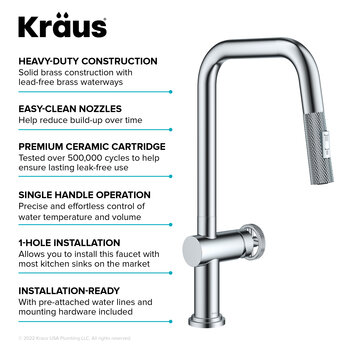 Kraus KRAUS® Urbix™ Industrial Pull-Down Single Handle Kitchen Faucet In Chrome, Spout Height: 8-5/8" W, Spout Reach: 9" D