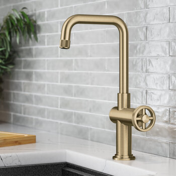 Kraus KRAUS® Urbix™ Industrial Single Handle Kitchen Bar Faucet In Brushed Gold, Spout Height: 9-1/2" W, Spout Reach: 5-3/4" D