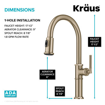 KRAUS Sellette™ Traditional Industrial Pull-Down Single Handle Kitchen Faucet, Dimensions