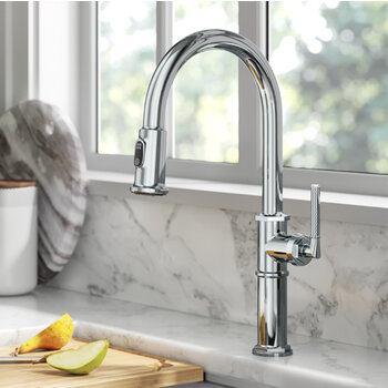 KRAUS Sellette™ Traditional Industrial Pull-Down Single Handle Kitchen Faucet, Chrome, In Use Illustration