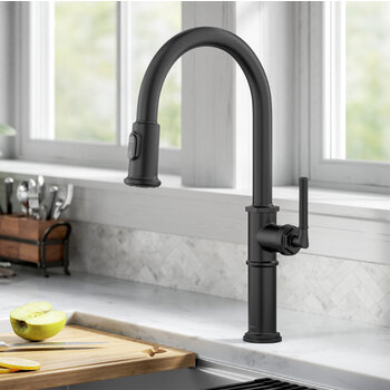 KRAUS Sellette™ Traditional Industrial Pull-Down Single Handle Kitchen Faucet, Matte Black, In Use Illustration