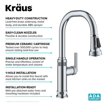 KRAUS Allyn™ Industrial Pull-Down Single Handle Kitchen Faucet, Chrome, Faucet Height: 16-3/4'' H, Spout Reach: 8-7/8'' D, Spout Height: 8-1/2'' H