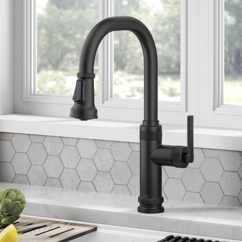 KRAUS Allyn™ Industrial Pull-Down Single Handle Kitchen Faucet, Matte Black, Faucet Height: 16-3/4'' H, Spout Reach: 8-7/8'' D
