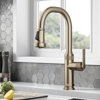 KRAUS Allyn™ Industrial Pull-Down Single Handle Kitchen Faucet, Spot-Free Antique Champagne Bronze, Faucet Height: 16-3/4'' H