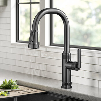 KRAUS Allyn™ Industrial Pull-Down Single Handle Kitchen Faucet, Spot-Free Black Stainless Steel, Faucet Height: 16-3/4'' H