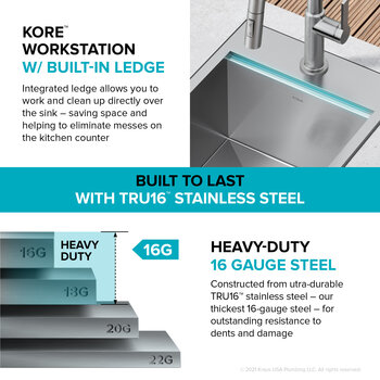 Kraus KWT311-15-316 Kore 15 inch Outdoor Workstation Drop-In 16 Gauge Marine Grade T-316 Stainless Steel Single Bowl Kitchen Bar Sink with Accessories