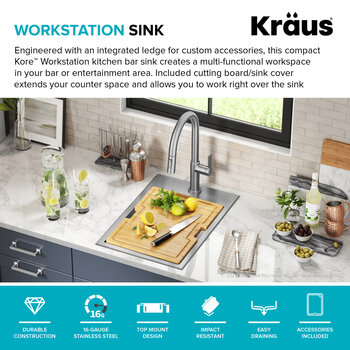 Kraus KWT311-15-316 Kore 15 inch Outdoor Workstation Drop-In 16 Gauge Marine Grade T-316 Stainless Steel Single Bowl Kitchen Bar Sink with Accessories