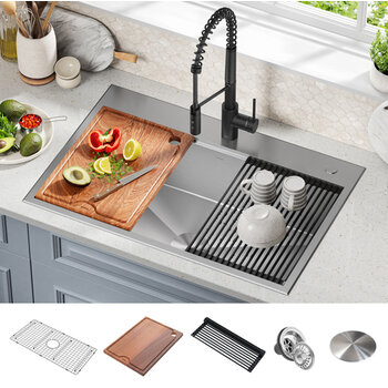 Kraus Kore™  33'' Drop-In Workstation 16-Gauge Stainless Steel Single Bowl Kitchen Sink with Accessories 33'' W x 22'' D x 9'' H, Included Items In Use View