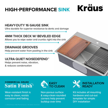 Kraus Kore™  33'' Drop-In Workstation 16-Gauge Stainless Steel Single Bowl Kitchen Sink with Accessories 33'' W x 22'' D x 9'' H, High Performance Sink
