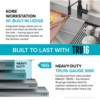 Kraus Kore™  33'' Drop-In Workstation 16-Gauge Stainless Steel Single Bowl Kitchen Sink with Accessories 33'' W x 22'' D x 9'' H, Built to Last w/ TRU16