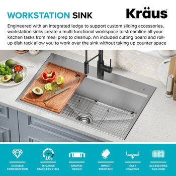 Kraus Kore™  33'' Drop-In Workstation 16-Gauge Stainless Steel Single Bowl Kitchen Sink with Accessories 33'' W x 22'' D x 9'' H, Workstation Sink Features