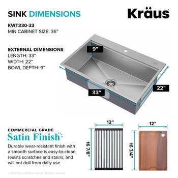 Kraus Kore™  33'' Drop-In Workstation 16-Gauge Stainless Steel Single Bowl Kitchen Sink with Accessories 33'' W x 22'' D x 9'' H, Dimensions