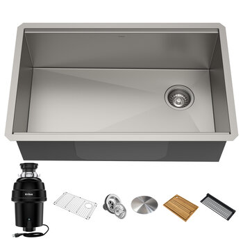 Kraus Kore™ Workstation 30" Wide Undermount Single Bowl 16 Gauge Stainless Steel Kitchen Sink with Accessories (Pack of 5) and WasteGuard™ 1 HP Continuous Feed Garbage Disposal