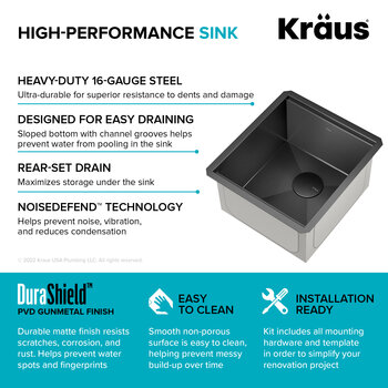 Kraus Kore™ 17” Undermount Workstation 16 Gauge Stainless Steel Single Bowl Kitchen Bar Sink in PVD Gunmetal Finish with Included Accessories, 17" W x 19" D x 3/4" H