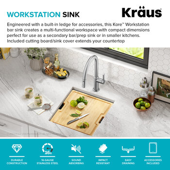 Kraus Kore™ 17” Undermount Workstation 16 Gauge Stainless Steel Single Bowl Kitchen Bar Sink in PVD Gunmetal Finish with Included Accessories, 17" W x 19" D x 3/4" H