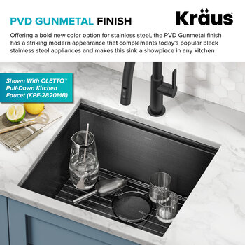 Kraus Kore™ 21” Undermount Workstation 16 Gauge Stainless Steel Single Bowl Kitchen Sink in PVD Gunmetal Finish with Included Accessories, 21" W x 19" D x 3/4" H