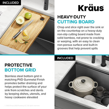 Kraus Kore™ 23” Drop-In Undermount Workstation 16 Gauge Stainless Steel Single Bowl Kitchen Sink in PVD Gunmetal Finish with Included Accessories, 23" W x 19" D x 3/4" H