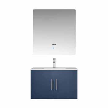 Lexora Home Geneva 30" Navy Blue Single Vanity, White Carrara Marble Top, White Square Sink and 30" LED Mirror, 30"W x 22"D x 19"H