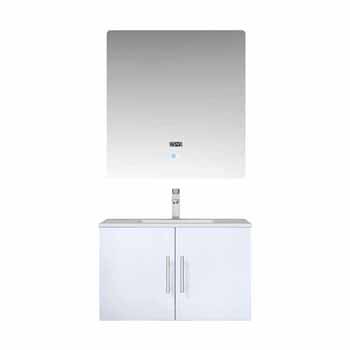 Lexora Home Geneva 30" Glossy White Single Vanity, White Carrara Marble Top, White Square Sink, 30" LED Mirror and Faucet, 30"W x 22"D x 19"H