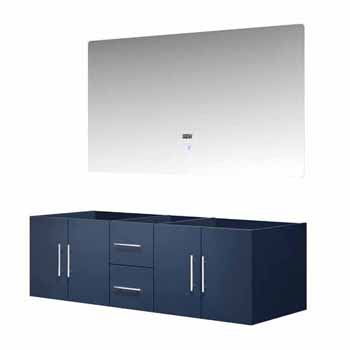 Lexora Home Geneva 60" Navy Blue Double Vanity Base Only With 60" LED Mirror, 59-1/4"W x 21-1/2"D x 18-1/4"H
