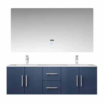 Lexora Home Geneva 60" Navy Blue Double Vanity, White Carrara Marble Top, White Square Sink, 60" LED Mirror and Faucet, 60"W x 22"D x 19"H