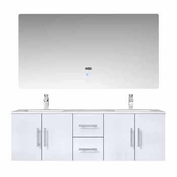 Lexora Home Geneva 60" Glossy White Double Vanity, White Carrara Marble Top, White Square Sink, 60" LED Mirror and Faucet, 60"W x 22"D x 19"H