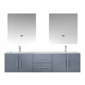 Lexora Home Geneva 72" Dark Grey Double Vanity, White Carrara Marble Top, White Square Sink, 30" LED Mirrors and Faucets, 72"W x 22"D x 19"H