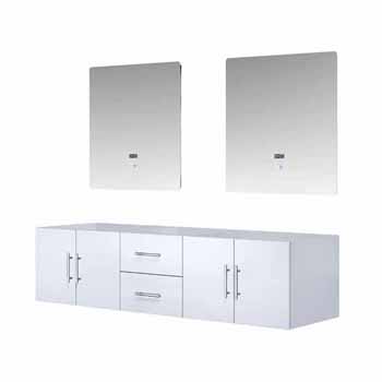 Lexora Home Geneva 72" Glossy White Double Vanity Base Only With 30" LED Mirrors, 71-1/4"W x 21-1/2"D x 18-1/4"H