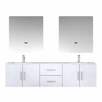 Lexora Home Geneva 72" Glossy White Double Vanity, White Carrara Marble Top, White Square Sink, 30" LED Mirrors and Faucets, 72"W x 22"D x 19"H