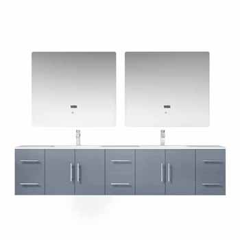Lexora Home Geneva 84" Dark Grey Double Vanity, White Carrara Marble Top, White Square Sink, 36" LED Mirrors and Faucets, 83-3/4"W x 22"D x 19"H