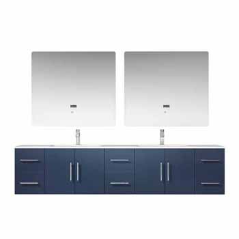 Lexora Home Geneva 84" Navy Blue Double Vanity, White Carrara Marble Top, White Square Sink, 36" LED Mirrors and Faucets, 83-3/4"W x 22"D x 19"H