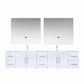 Lexora Home Geneva 84" Glossy White Double Vanity, White Carrara Marble Top, White Square Sink, 36" LED Mirrors and Faucets, 83-3/4"W x 22"D x 19"H