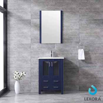 Lexora Home Volez 24" Navy Blue Single Vanity, Integrated Top, White Integrated Square Sink and 22" Mirror, 24"W x 18-1/4"D x 34"H