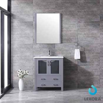 Lexora Home Volez 30" Dark Grey Single Vanity, Integrated Top, White Integrated Square Sink and 28" Mirror, 30"W x 18-1/4"D x 34"H